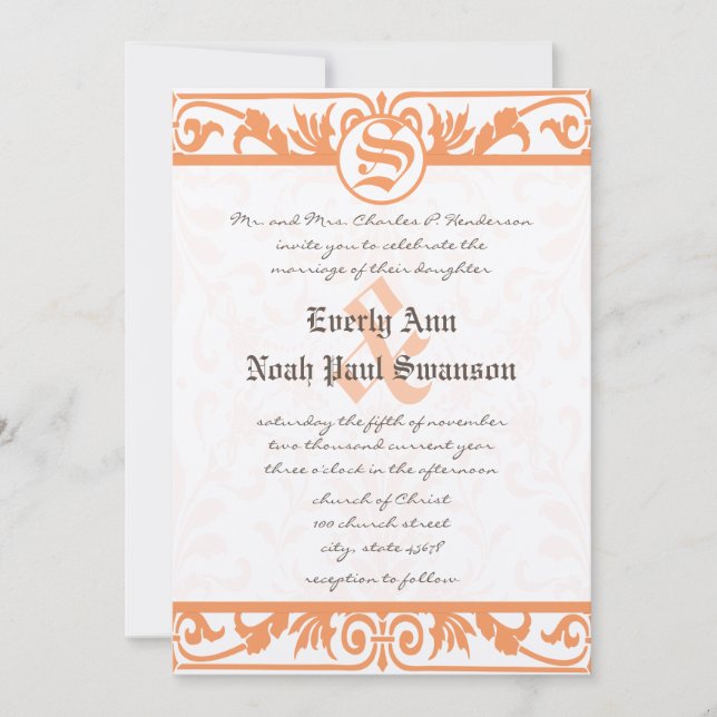 Mediaeval Renaissance Coral Damask Grey Wedding  Invitation (Front)
