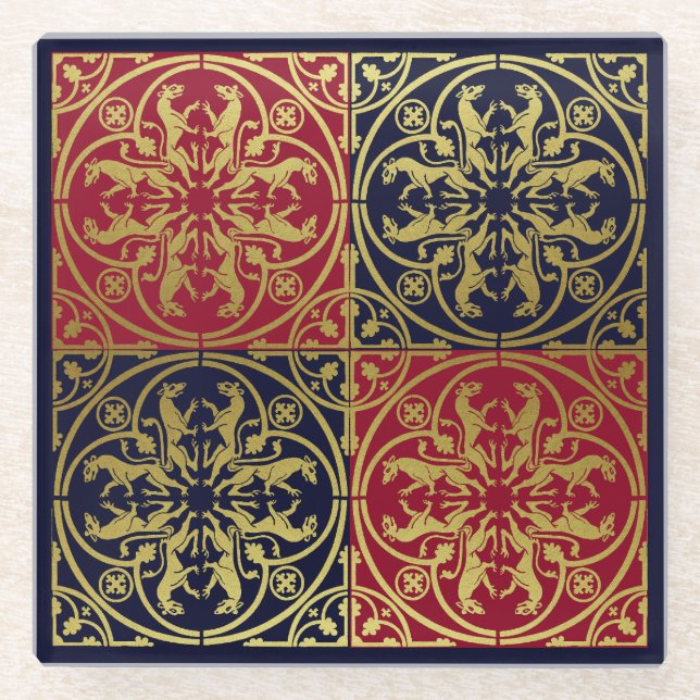 Mediaeval Renaissance Herald Lion Leopard Metallic Glass Coaster (Front)