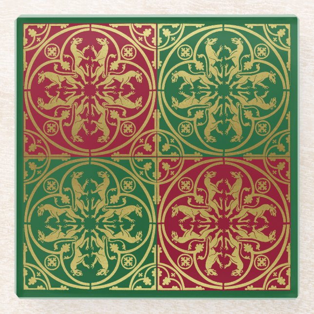 Mediaeval Renaissance Herald Lion Leopard Metallic Glass Coaster (Front)