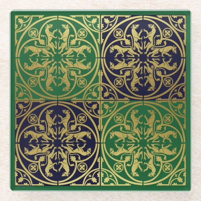 Mediaeval Renaissance Herald Lion Leopard Metallic Glass Coaster (Front)