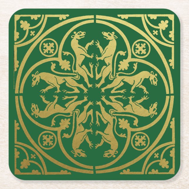 Mediaeval Renaissance Herald Lion Leopard Metallic Square Paper Coaster (Front)