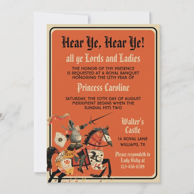 Mediaeval Renaissance Knight Birthday Invitation (Front)