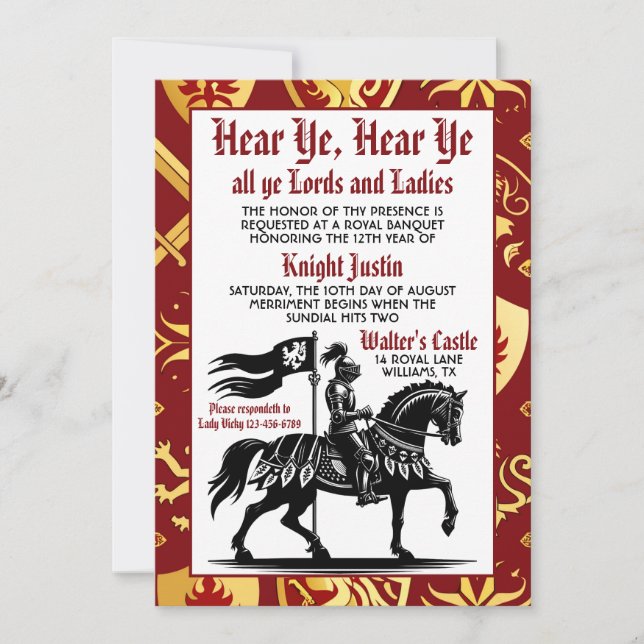 Mediaeval Renaissance Knight Birthday Invitation (Front)