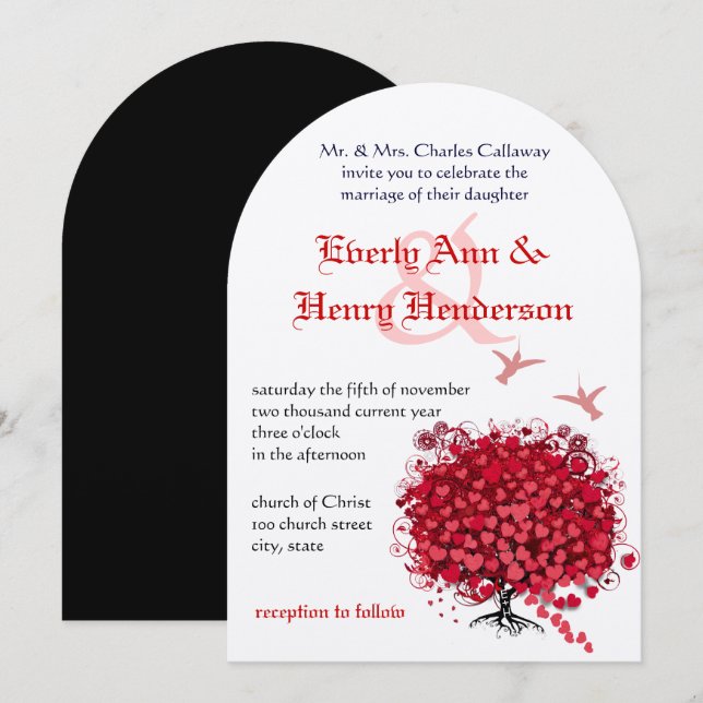 Mediaeval Renaissance Lovebird Red Heart Leaf Tree Invitation (Front/Back)