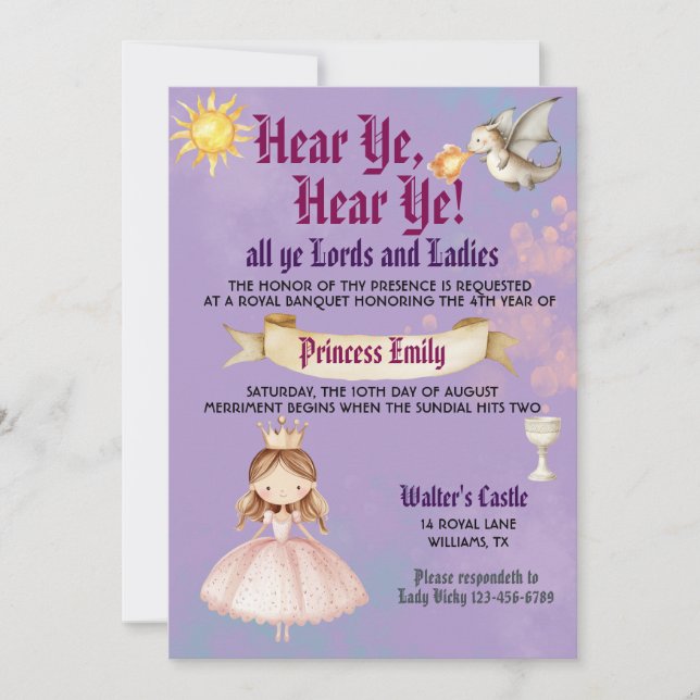 Mediaeval Renaissance Princess Birthday Invitation (Front)