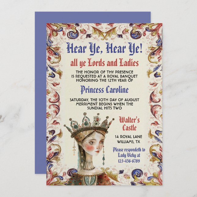 Mediaeval Renaissance Princess Birthday Invitation (Front/Back)