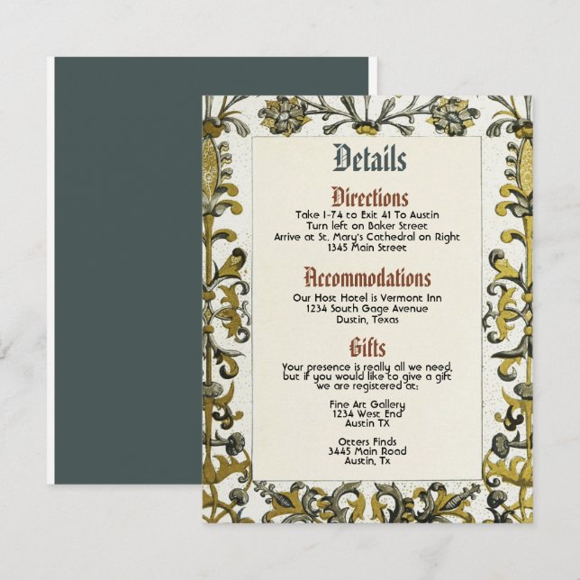 Mediaeval Renaissance Royal Wedding Details Card (Front/Back)