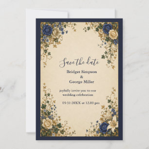 Mediaeval Royal Blue Botanical Floral Wedding Invitation