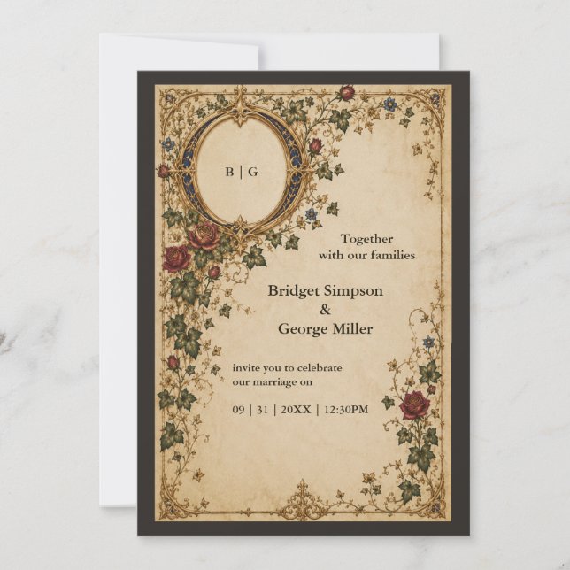 Mediaeval Royal Monogram Botanical Floral Wedding Invitation (Front)