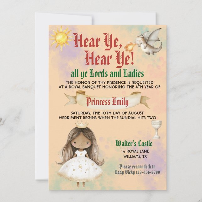 Mediaeval Royal Princess Birthday Invitation (Front)