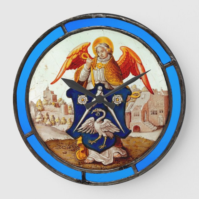Mediaeval Stained Glass Angel and Coat of Arms Large Clock (Front)