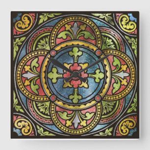 Mediaeval Stained Glass Square Wall Clock