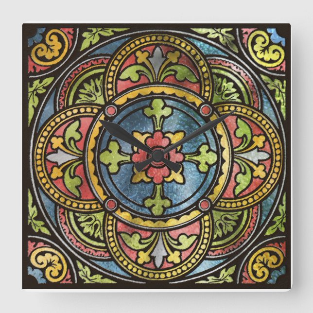 Mediaeval Stained Glass Square Wall Clock (Front)