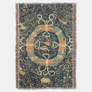 Mediaeval Tapestry with Flowers, Birds, and Rabbit Throw Blanket