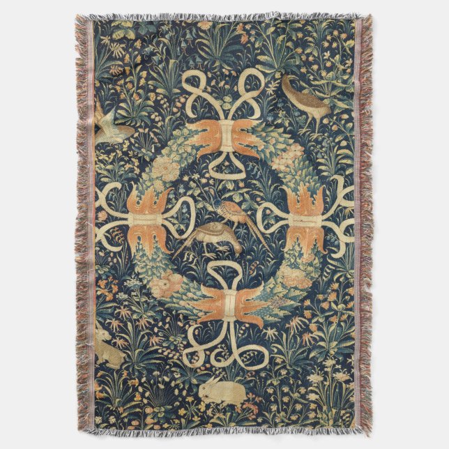 Mediaeval Tapestry with Flowers, Birds, and Rabbit Throw Blanket (Front Vertical)