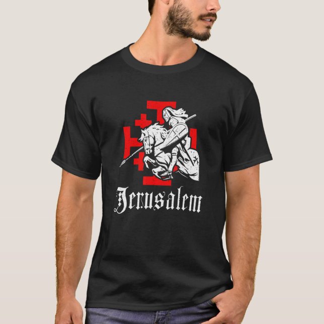 Mediaeval Templar Knight On War Horse Jerusalem Cr T-Shirt (Front)