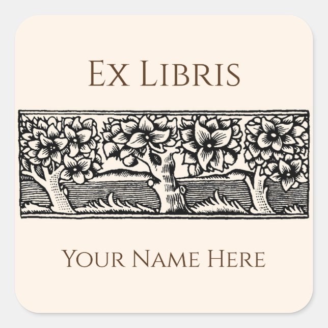 Mediaeval Trees Ex Libris Bookplate, Customisable Square Sticker (Front)
