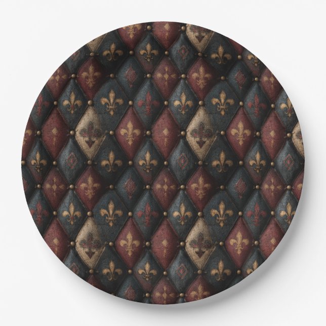 Mediaeval Tufted Fleur-de-Lis Harlequin Pattern (2 Paper Plate (Front)