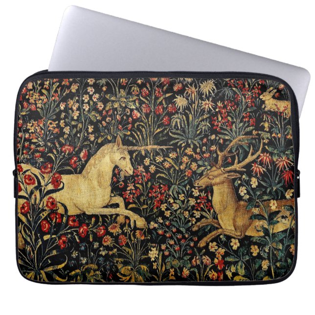 Mediaeval Unicorn Midnight Floral Garden Laptop Sleeve (Front)