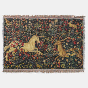 Mediaeval Unicorn Midnight Floral Garden Throw Blanket