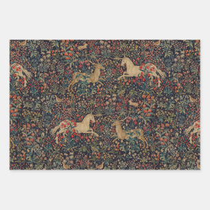 Mediaeval Unicorn Midnight Floral Garden Wrapping Paper Sheet