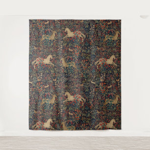 Mediaeval Unicorn Stag Deer Midnight Floral Garden Tapestry