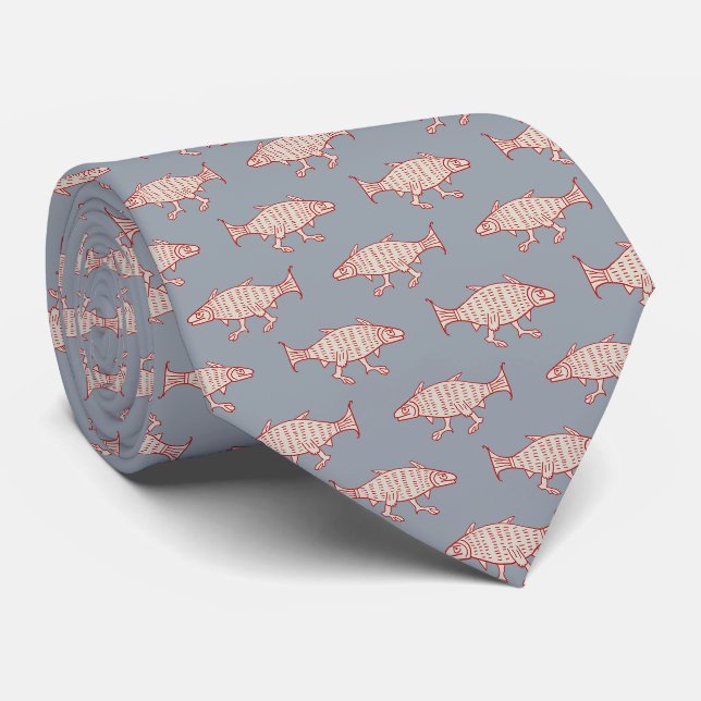 Mediaeval Walking Fish on Blue Neck Tie (Rolled)