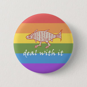 Mediaeval Walking Fish on Rainbow Stripes Button