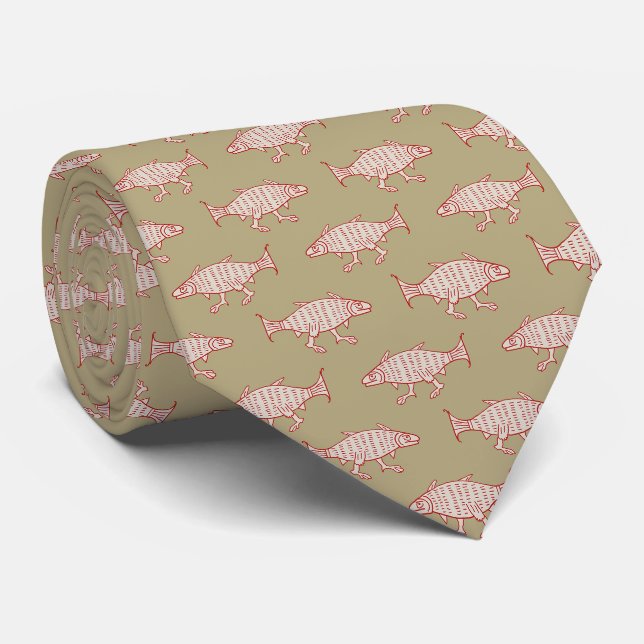 Mediaeval Walking Fish on Tan Neck Tie (Rolled)