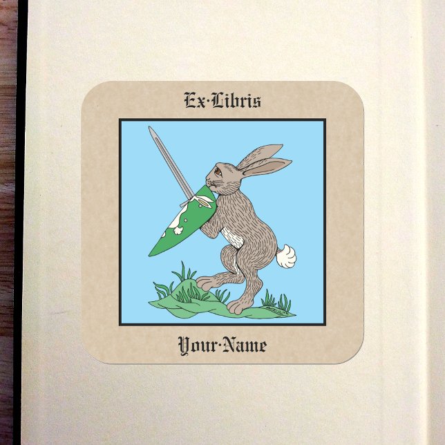 Mediaeval Warrior Rabbit Bookplate Square Sticker (Medieval Warrior Rabbit Bookplate)