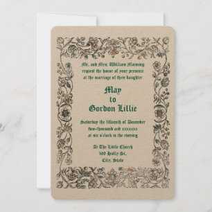 Mediaeval Woodblock Style Floral Border Wedding Invitation
