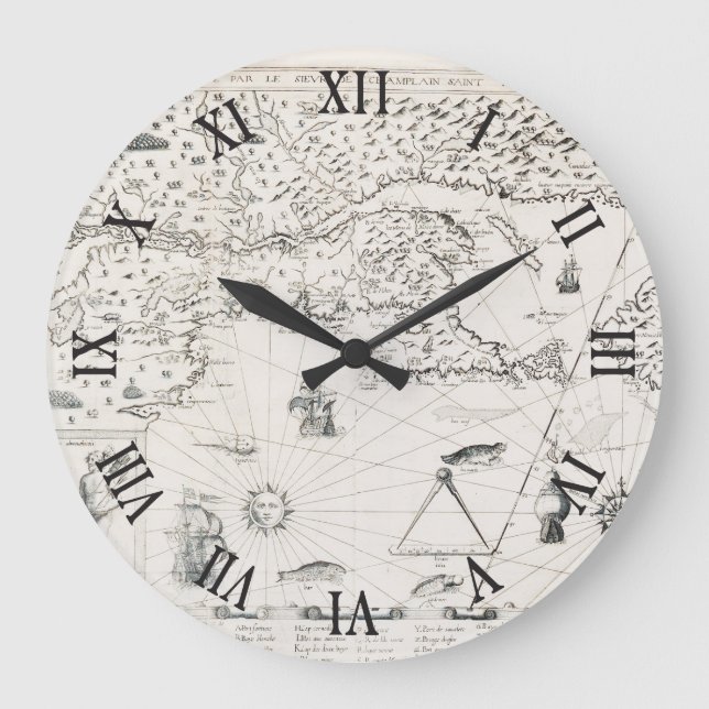 Mediaeval World map Quebec Nouvelle-France America Large Clock (Front)