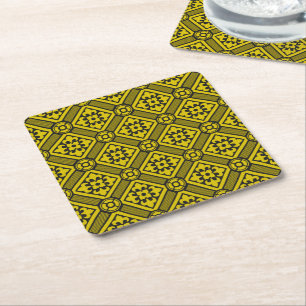 Mediaeval Yellow Black Lilies Romanesque Pattern Square Paper Coaster