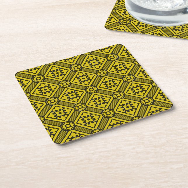 Mediaeval Yellow Black Lilies Romanesque Pattern Square Paper Coaster (Angled)