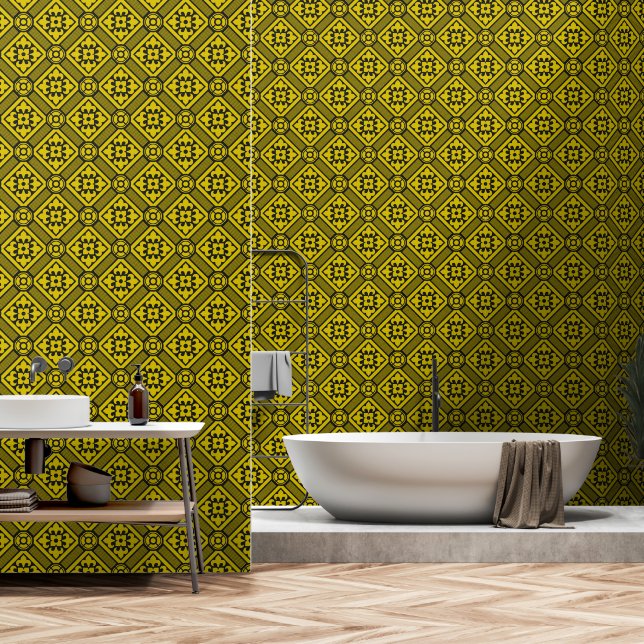 Mediaeval Yellow Black Lilies Romanesque Pattern Wallpaper (Bathroom)