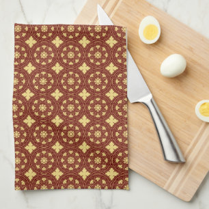Mediaeval Yellow Dark Red Rosette Flower Pattern Tea Towel