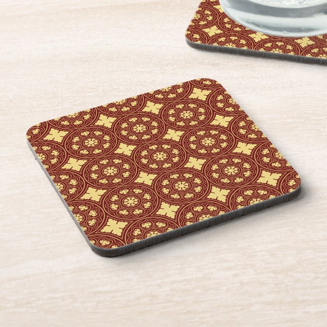 Mediaeval Yellow Red Rosette Flower Pattern Coaster (Left Side)