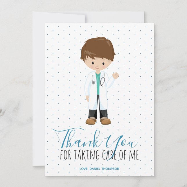 Medic male doctor Blue Typography Polka Dot Thank You Card (Front)