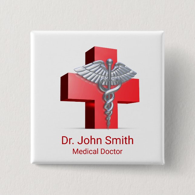 Medical 3D Caduceus Cross Red Silver 15 Cm Square Badge (Front)