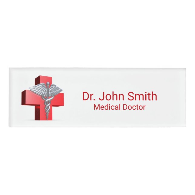 Medical 3D Caduceus Silver Cross Red Name Tag (Front)