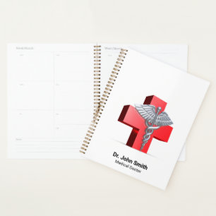 Medical 3D Caduceus Silver Cross Red Planner