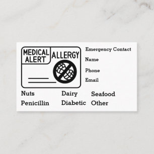 Medical Alert Allergy Emergency Personalise Business Card