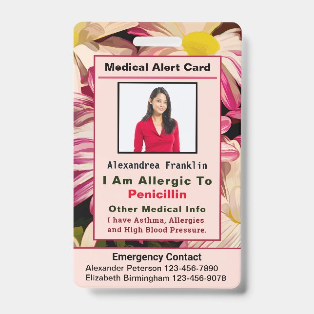 Medical Alert Emergency Contact Custom Card Badge ID Badge (Front)