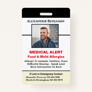 Medical Allergy Alert Emergency ID Photo Custom ID Badge