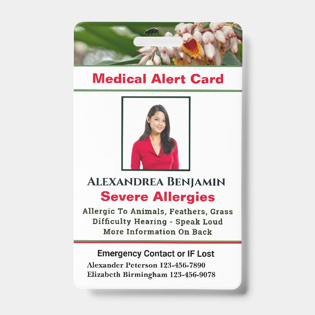 Medical Allergy Alert Emergency Photo Custom ID  Badge (Front)