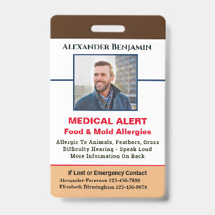Medical Allergy Alert Emergency Photo Custom ID Badge