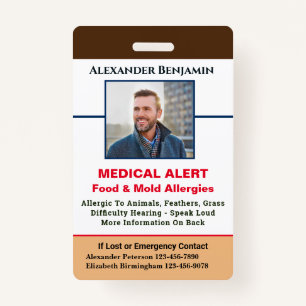 Medical Allergy Alert Emergency Photo Custom  ID Badge