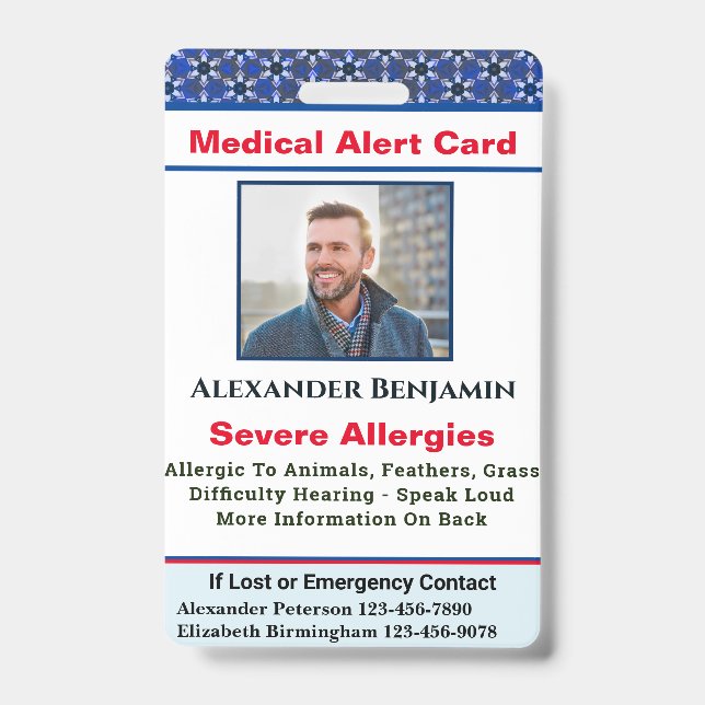 Medical Allergy Alert Emergency Photo Custom ID Badge (Front)