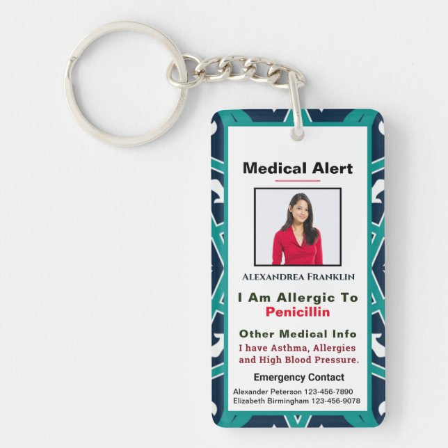 Medical Allergy Emergency Alert ID Contact Custom Key Ring (Front)