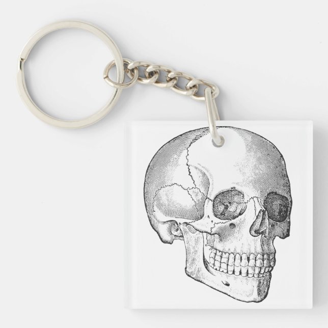 Medical anatomy vintage skull drawing monochrome key ring (Front)